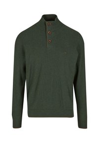 Grüner gestrickter Pullover mit hohem Kragen, drei braunen Knöpfen und gerippten Bündchen; hat eine subtile Textur und ein kleines Logo-Detail auf der Brust.