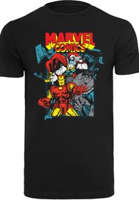 Juodas medvilnės marškinėliai, kuriuose yra spalvinga Marvel Comics grafika su Iron Man, Thor ir Hulk komiksų stiliaus iliustracijoje.