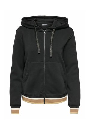 Felpa nera con cappuccio e zip, tasche frontali, cappuccio con coulisse e polsini e orlo beige e bianchi a righe.