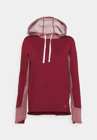 Bordeauxfarbener Hoodie mit hellbordeauxfarbenen Seiteneinsätzen. Verfügt über eine verstellbare Kapuze, lange Ärmel und eine lockere Passform. Weicher, strukturiert Stoff.