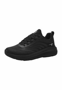 Black athletic sneaker with a textured mesh upper, thick rubber sole, and prominent lateral design accents. Features flat laces and heel tab.