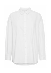 Camicia bianca con colletto classico, maniche lunghe e orlo leggermente curvo. Realizzata in un tessuto liscio e opaco.