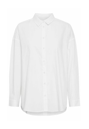 Balta mygtukinė marškiniai su klasikinio tipo apykakle, ilgomis rankovėmis ir šiek tiek įlinkusiu apatine dalimi. Pagaminta iš lygaus, nepermatomo audinio.