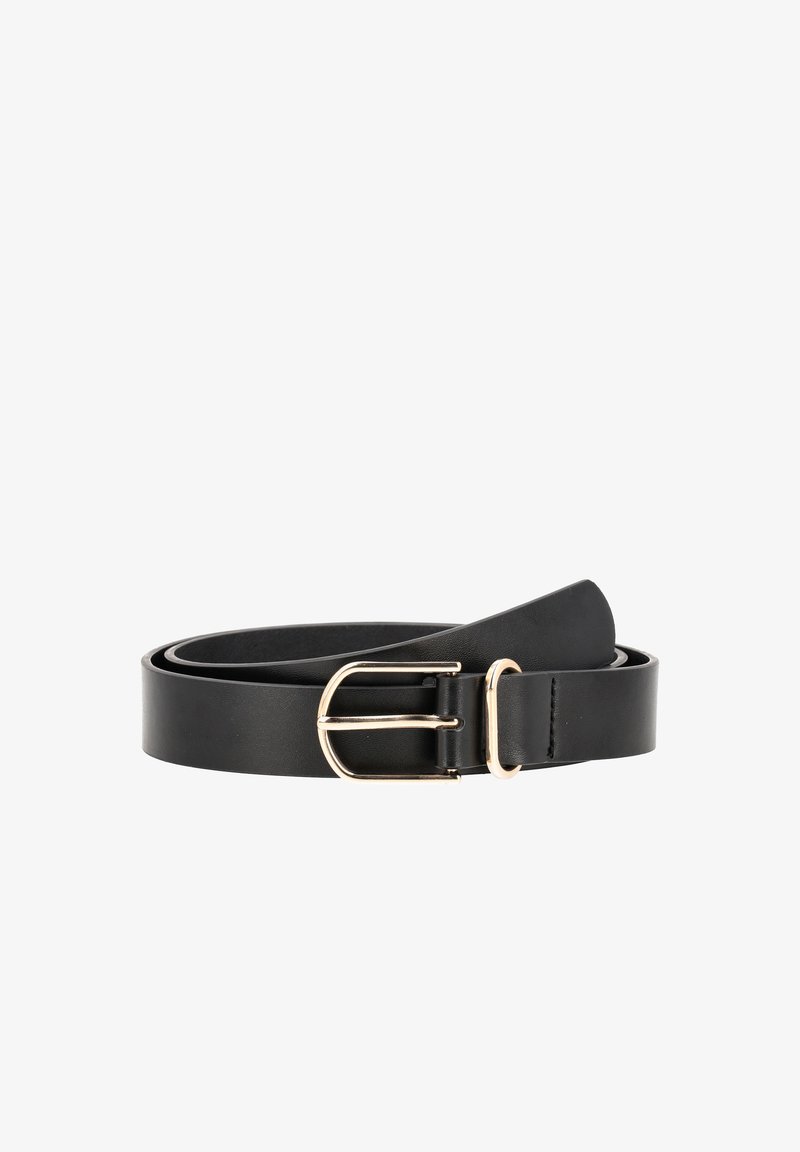 Cintura in pelle nera con finitura liscia, caratterizzata da una fibbia in metallo color oro e un'unica asola per la regolazione.