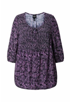 Blusa de manga larga morada y negra con estampado de paisley, pecho fruncido, escote redondo y mangas recogidas.