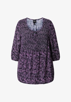 Fioletowo-czarna bluzka z długim rękawem w wzór paisley, marszczona na piersiach, z okrągłym dekoltem i marszczonymi rękawami.