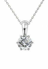 Collana in argento con un ciondolo a gemma rotonda e trasparente, fissato con sei griffe, su una delicata catena. Finitura metallica liscia, design semplice.
