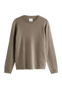 Pull à manches longues en taupe avec texture côtelée, col rond et poignets ajustés, fabriqué en tissu tricoté doux.