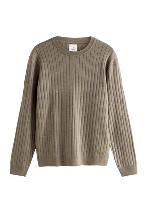 Long-sleeve taupe ribbed sweater with crew neckline and fitted cuffs, made of soft knit fabric.