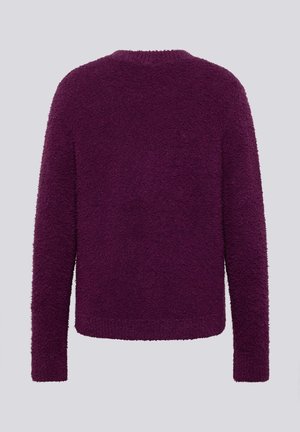 Lila flauschiger Pullover mit langen Ärmeln, rundem Ausschnitt und strukturierter Oberfläche. Die Rückseite zeigt ein einfaches, schmuckloses Design.