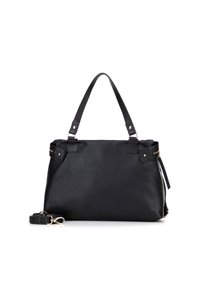 Borsa a mano in pelle nera con due spallacci, dettagli con cerniera laterale e un cinturino lungo removibile posizionato accanto su sfondo bianco.