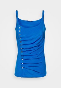 Sinine ilma varrukatopp, mis on valmistatud siledast kangast, külgedel rüüste ja dekoratiivsed metallnupud vasakul küljel.