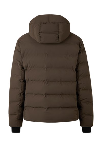 Brown puffer jacket with a hood, featuring a quilted design and elastic cuffs, made from lightweight, insulated material.