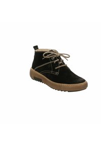 Stivaletti in suede neri con suola in gomma marrone chiaro, caratterizzati da lacci beige, dettagli cuciti e un pratico gancio sul retro per indossarli facilmente.