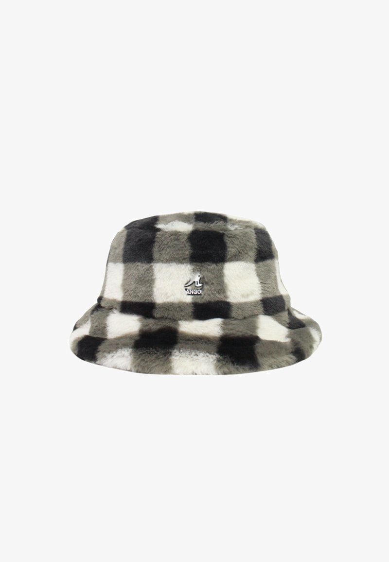 Chapeau bob en fausse fourrure douce avec un motif à carreaux noir, gris et blanc, orné d'un petit logo à l'avant.