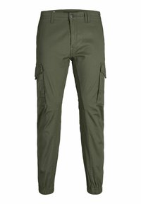 Pantalons cargo couleur vert olive, dotés de plusieurs poches latérales, de poignets élastiques et d'un tissu lisse et durable. Design classique de ceinture.