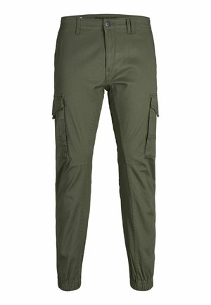 Cargo-bukser i olivengrøn med flere sidelommer, elastiske manchetter og et glat, holdbart stof. Klassisk taljedesign.