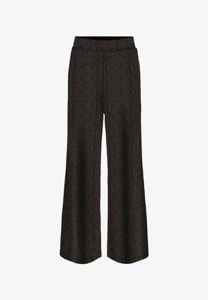 Pantalon noir à jambes larges avec de subtiles rayures métalliques verticales et une ceinture élastique.