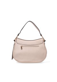 Borsa a spalla in pelle beige con forma curva, chiusura con zip superiore e tasca anteriore con zip. Presenta dettagli neri e hardware in tonalità oro.