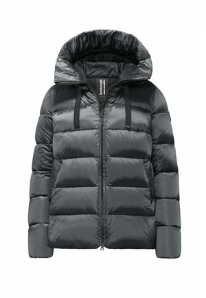 Daunenjacke in Dunkelgrau. Verfügt über eine abnehmbare Kapuze, einen Reißverschluss und elastische Kordelzüge. Hergestellt aus glattem, reflektierendem Material.