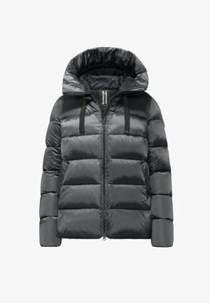 Daunenjacke in Dunkelgrau. Verfügt über eine abnehmbare Kapuze, einen Reißverschluss und elastische Kordelzüge. Hergestellt aus glattem, reflektierendem Material.