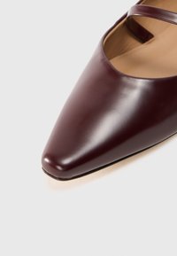 Bordeaux puntige schoen met een gladde lederen afwerking, open zijkanten en een slanke band over de bovenkant, met een subtiele tan interieur.