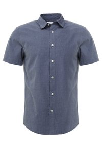 Camicetta a maniche corte con bottoni realizzata in un tessuto blu testurizzato. Presenta un colletto standard e cinque bottoni bianchi sul davanti.