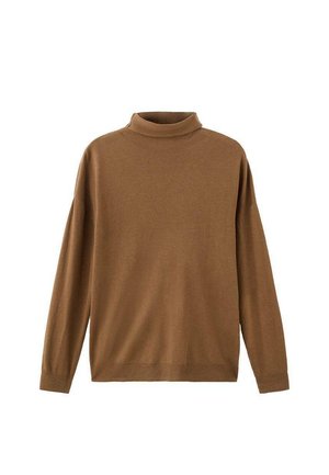 Maglione a collo alto marrone con maniche lunghe, texture morbida, vestibilità rilassata e colletto a coste. Design semplice, senza motivi o dettagli.