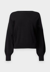 Schwarzer kurz geschnittener Pullover, gestricktes Material, runder Halsausschnitt, lange Ballonärmel, gerippte Bündchen und Saum, glatte Textur, klassisches Design.