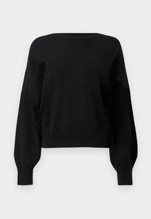 Sweater preto cropped, material de malha, decote redondo, mangas longas em balão, punhos e bainha canelados, textura suave, design clássico.