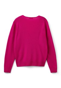 Fuksjowy sweter, okrągły dekolt, długie rękawy raglanowe, miękka tekstura, prążkowane mankiety i dół, minimalne przeszycia, jednolity kolor bez wzorów.