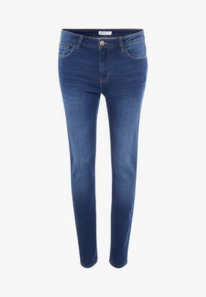 Skinny jeans in dark blue denim, featuring a high waist, five pockets, and light stitching accents. Smooth texture, classic design.