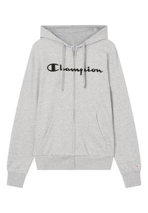 Sudadera con capucha gris con cremallera, hecha de mezcla de algodón, con el logo negro de "Champion" en el pecho, dos bolsillos laterales y puños y bajo acanalados.