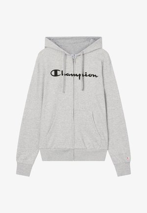 Grijze hoodie met rits, gemaakt van een katoenmengsel, met een zwart "Champion"-logo op de borst, twee zijzakken en geribbelde boorden aan de mouwen en zoom.