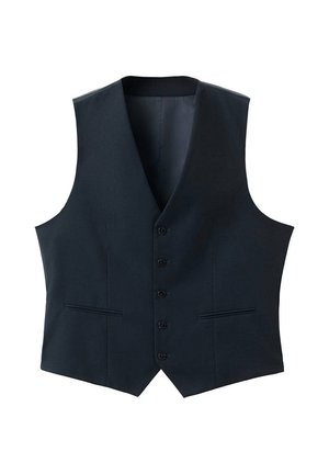 Gilet noir formel boutonné avec col en V, deux poches passepoilées devant et une coupe cintrée, posé à plat sur un fond blanc.