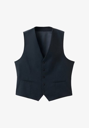 Schwarze formelle Weste mit Knopfleiste, V-Ausschnitt, zwei abgesteppten Fronttaschen und tailliertem Schnitt, flach auf weißem Hintergrund liegend.