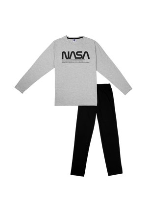Gray long-sleeve shirt with black "NASA" print, paired with black elastic-waist pants. Cotton blend fabric, relaxed fit, casual design.