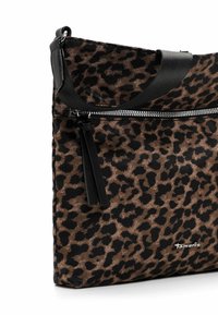 Schultertasche mit Leopardenmuster aus braunem und schwarzem Cordstoff, mit einem Reißverschluss und Akzenten aus schwarzem Leder. Besitzt das Markenlogo auf der unteren Vorderseite.