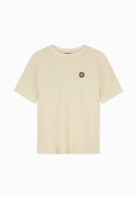 Crème-kleurig T-shirt met korte mouwen van een gestructureerde ribstof. Heeft een klein donker logo op de linker borst.
