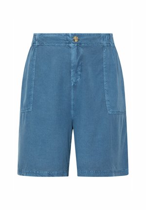 Blå bomuldsshorts med løs pasform, der har to sidelommer, en knaplukning og syede detaljer langs kanterne.