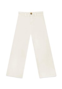 Korkeavyötäröiset leveälahkeiset kermaisenväriset farkut, joissa on edessä nappisuljenta ja ommellut helmat, tarjoten sileän ja tekstuuripinta.