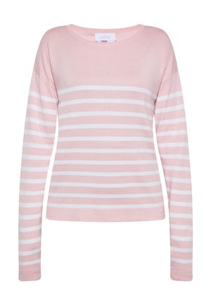 Lyserød langærmet sweater med horisontale hvide striber på krop og ærmer, med rund halsudskæring.