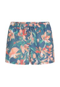 Un short de bain pour homme sur un fond bleu avec un motif floral vibrant en rose et vert. Caractéristiques : taille élastique et fermeture à cordon.