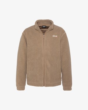 Giacca in pile marrone con zip e collo alto, maniche lunghe. Presenta un piccolo logo bianco sul lato sinistro del petto e una superficie testurizzata.