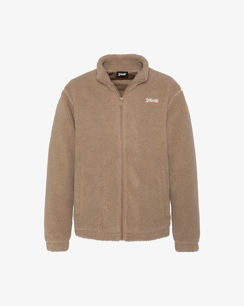Braune Fleece-Zipjacke mit hohem Kragen und langen Ärmeln. Besitzt ein kleines weißes Logo auf der linken Brust und eine strukturierte Oberfläche.