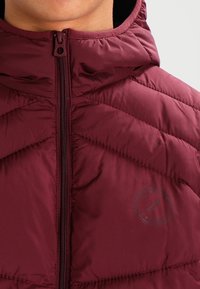 Burgundyröd pufferjacka med dragkedja, med ett chevronmönster och en logotypdetalj på vänster bröst.