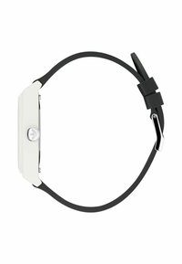 Cadran de montre rectangulaire blanc avec un bracelet en caoutchouc noir, présentant un bouton argenté avec un logo, design minimaliste, sans motifs ni embellissements.