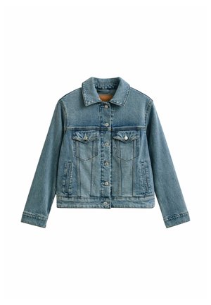 Blue faded denim jacket with button front, two chest flap pockets with buttons, and side slit pockets, laid flat on white background.
