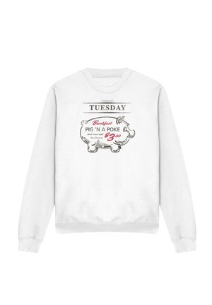 White sweatshirt with a pig illustration and text reading "Tuesday Breakfast Pig 'N A Poke with toast and hushbrowns $3.99".