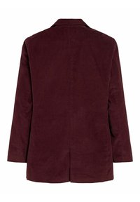 Blazer en velours côtelé bordeaux avec un col cranté, des manches longues et une coupe droite, doté d'une fente centrale dans le dos pour faciliter les mouvements.